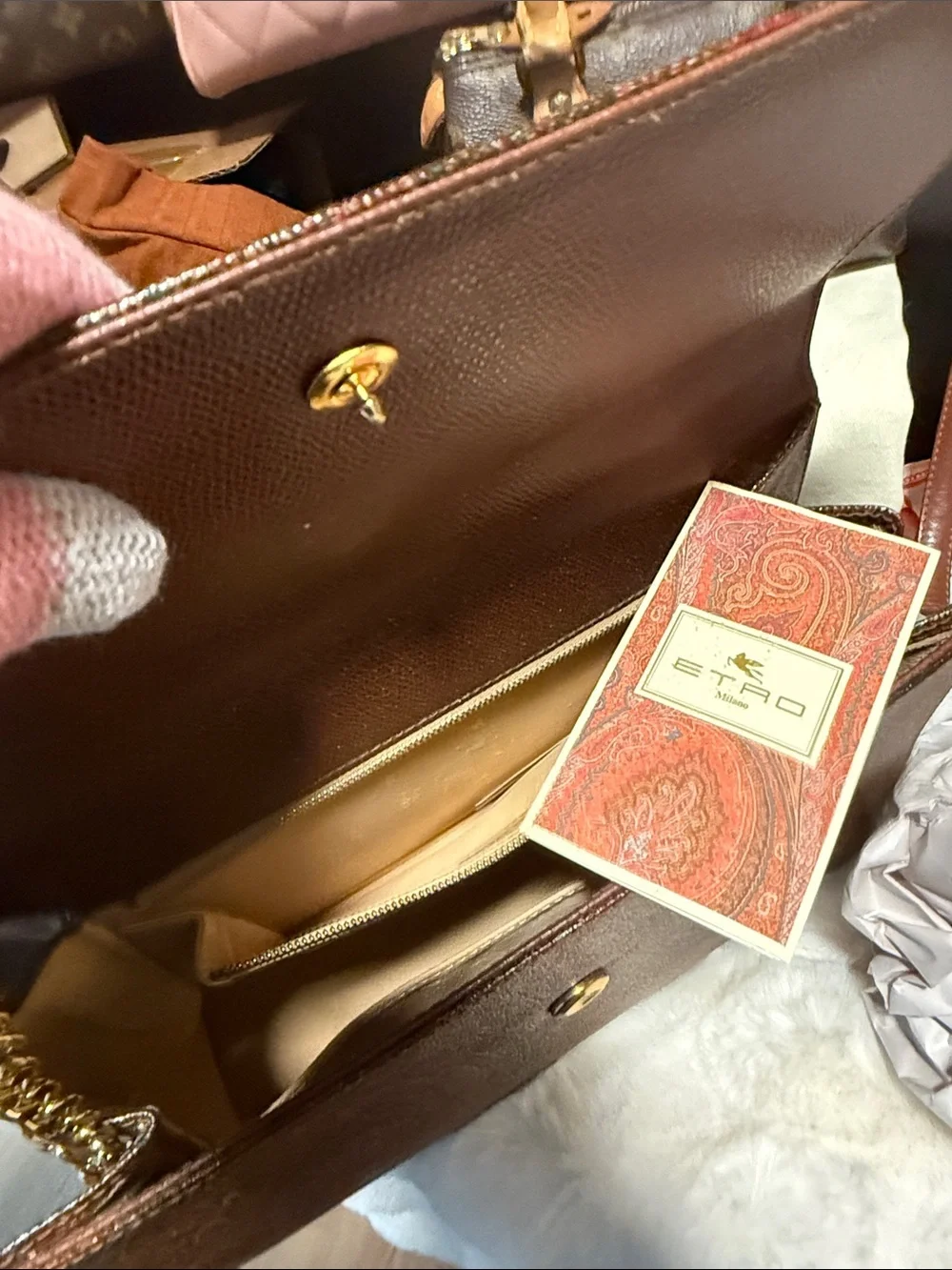 Etro Milano -Textured Brown Satchel with Scarf-Wrapped Handle and Gold Chain